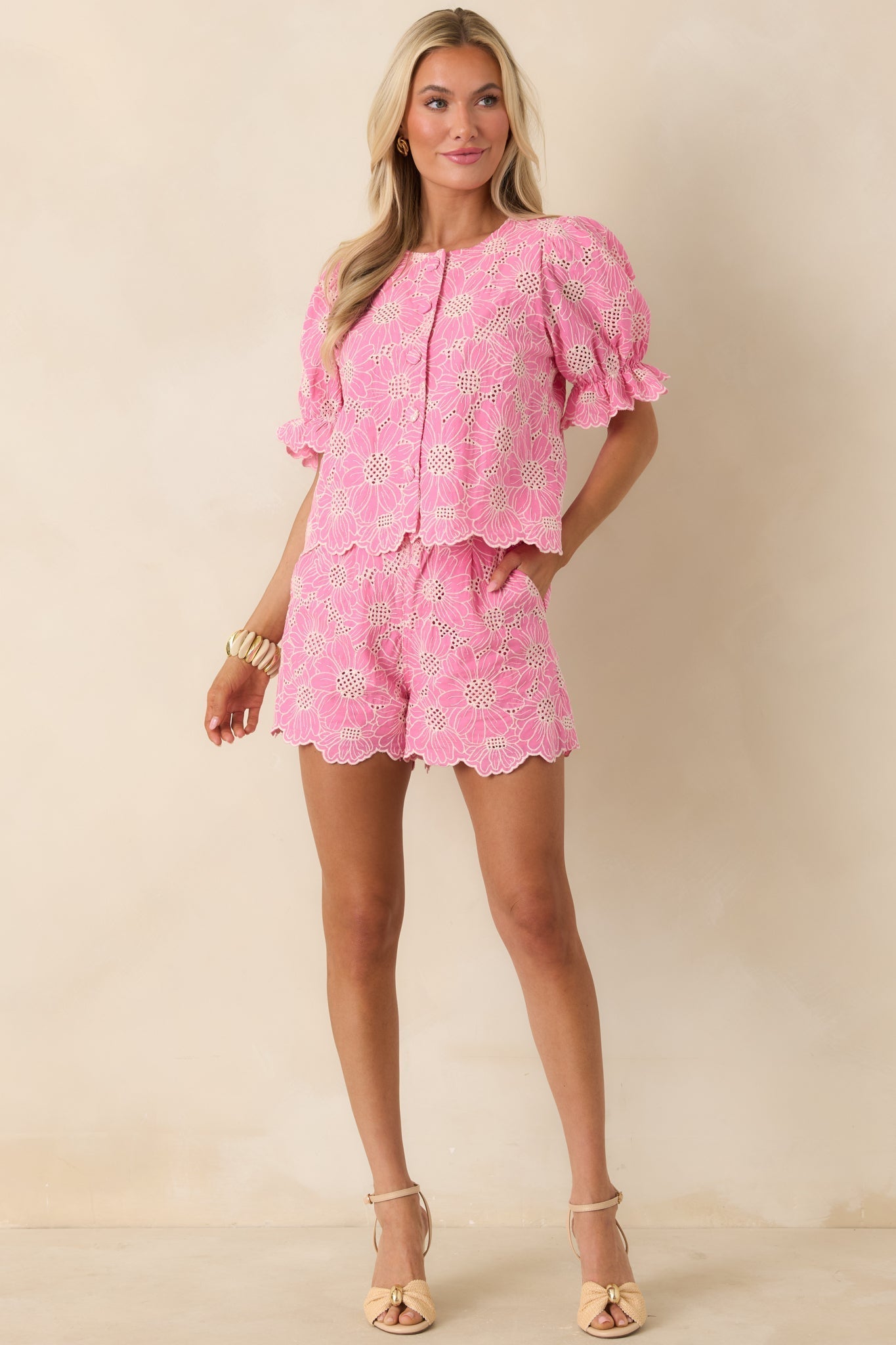 Women's Look At You Pink Cotton Floral Embroidered Shorts | 100% Cotton 2