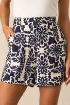 Women's Love This For Me Navy Sicilian Tile Print High Waisted Shorts | 89% Viscose & 11% Nylon 0