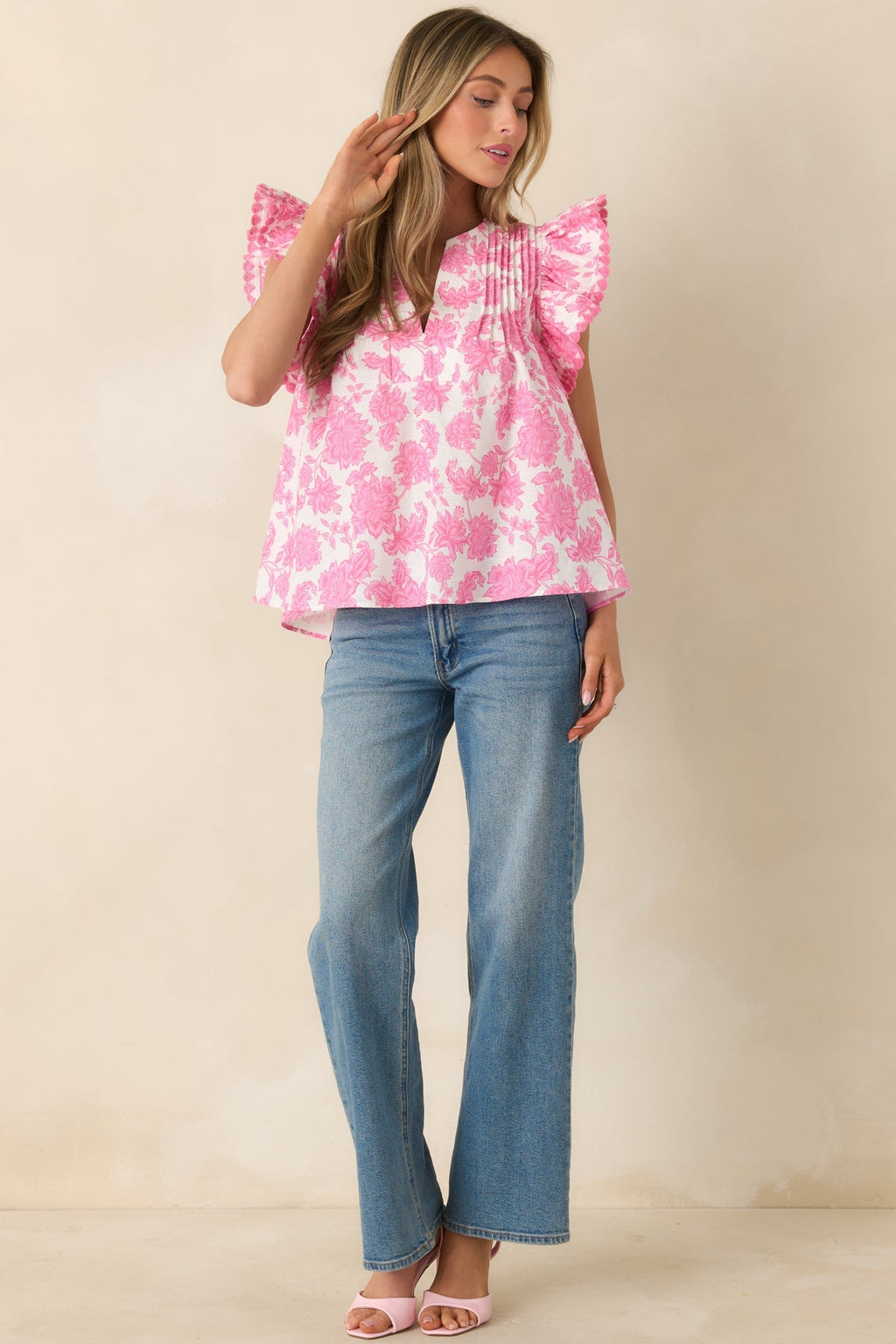 Women's Lovely Little Details Pink & Ivory Floral Cotton Linen Top | Self: 70% Cotton & 30% Linen 0