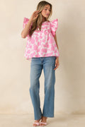 Women's Lovely Little Details Pink & Ivory Floral Cotton Linen Top | Self: 70% Cotton & 30% Linen 0