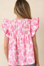 Women's Lovely Little Details Pink & Ivory Floral Cotton Linen Top | Self: 70% Cotton & 30% Linen 7
