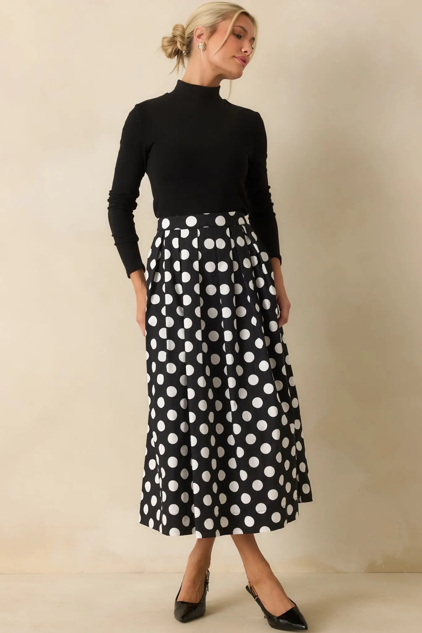 Women's Lovely Little Thing Black Polka Dot Cotton Pleated Maxi Skirt | 95% cotton & 5% Spandex 1