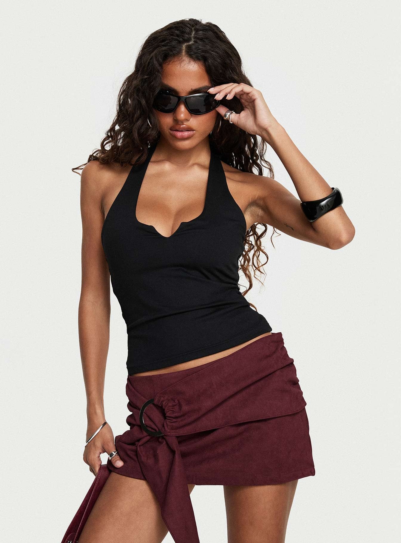 Women's Lowretta Faux Suede Belt Mini Skirt Burgundy | Faux suede mini skirt with belt detail 7