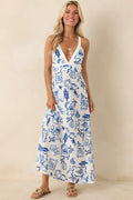 Women's MINKPINK Baci Blue Nautical Print Cotton Blend Halter Midi Dress | 55% Cotton & 45% Viscose 0