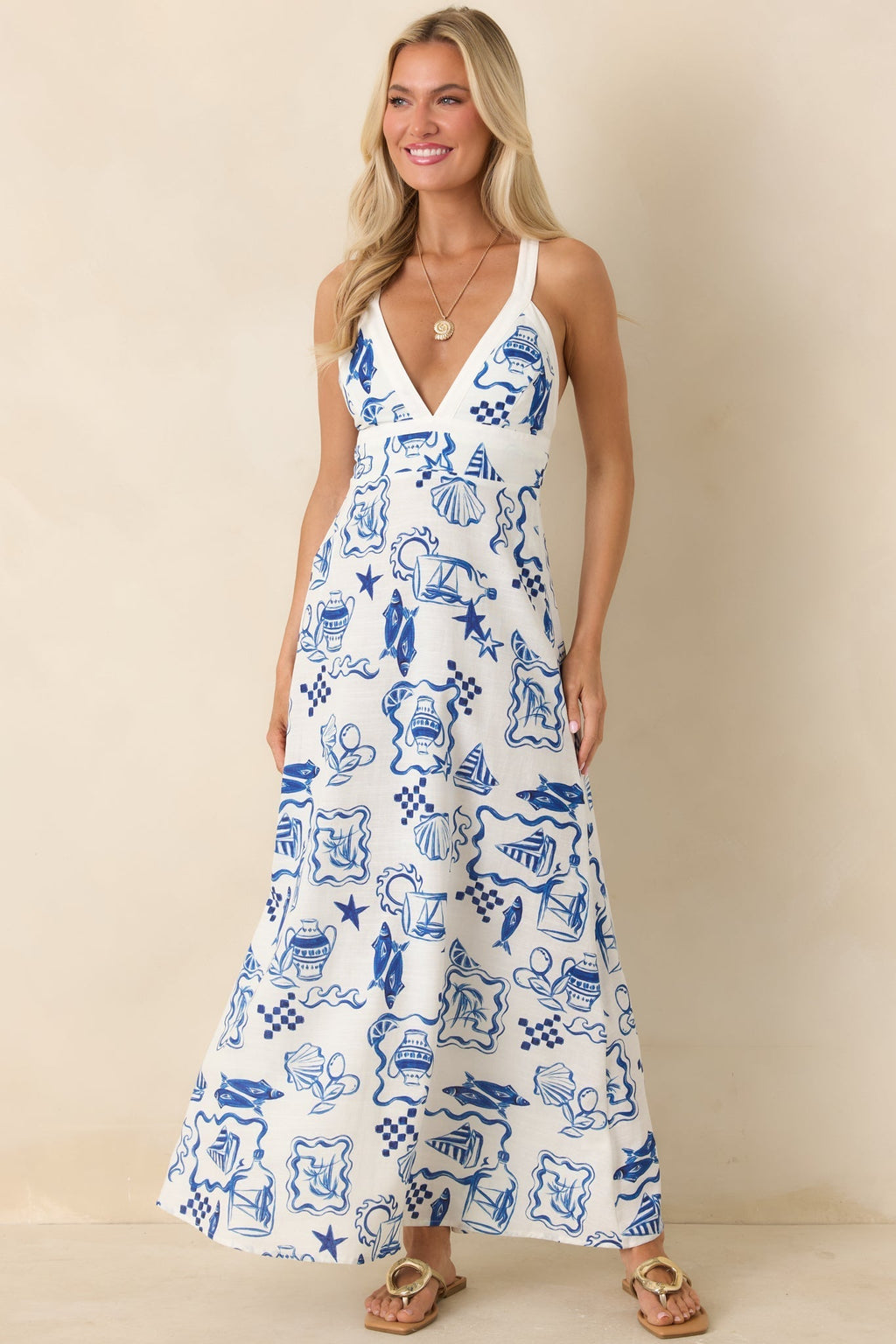 Women's MINKPINK Baci Blue Nautical Print Cotton Blend Halter Midi Dress | 55% Cotton & 45% Viscose 3