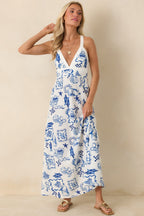 Women's MINKPINK Baci Blue Nautical Print Cotton Blend Halter Midi Dress | 55% Cotton & 45% Viscose 4