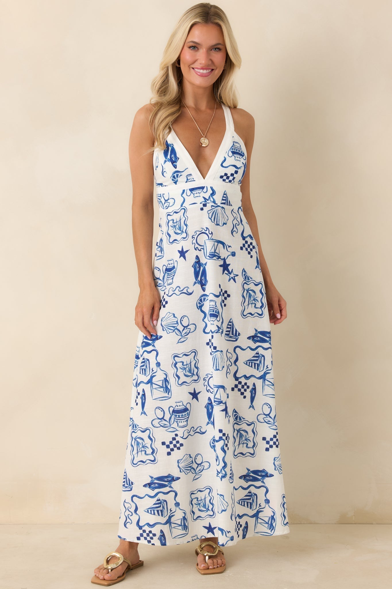 Women's MINKPINK Baci Blue Nautical Print Cotton Blend Halter Midi Dress | 55% Cotton & 45% Viscose 6
