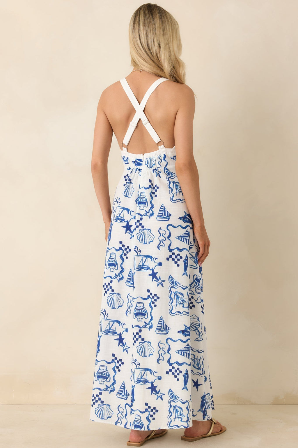 Women's MINKPINK Baci Blue Nautical Print Cotton Blend Halter Midi Dress | 55% Cotton & 45% Viscose 7