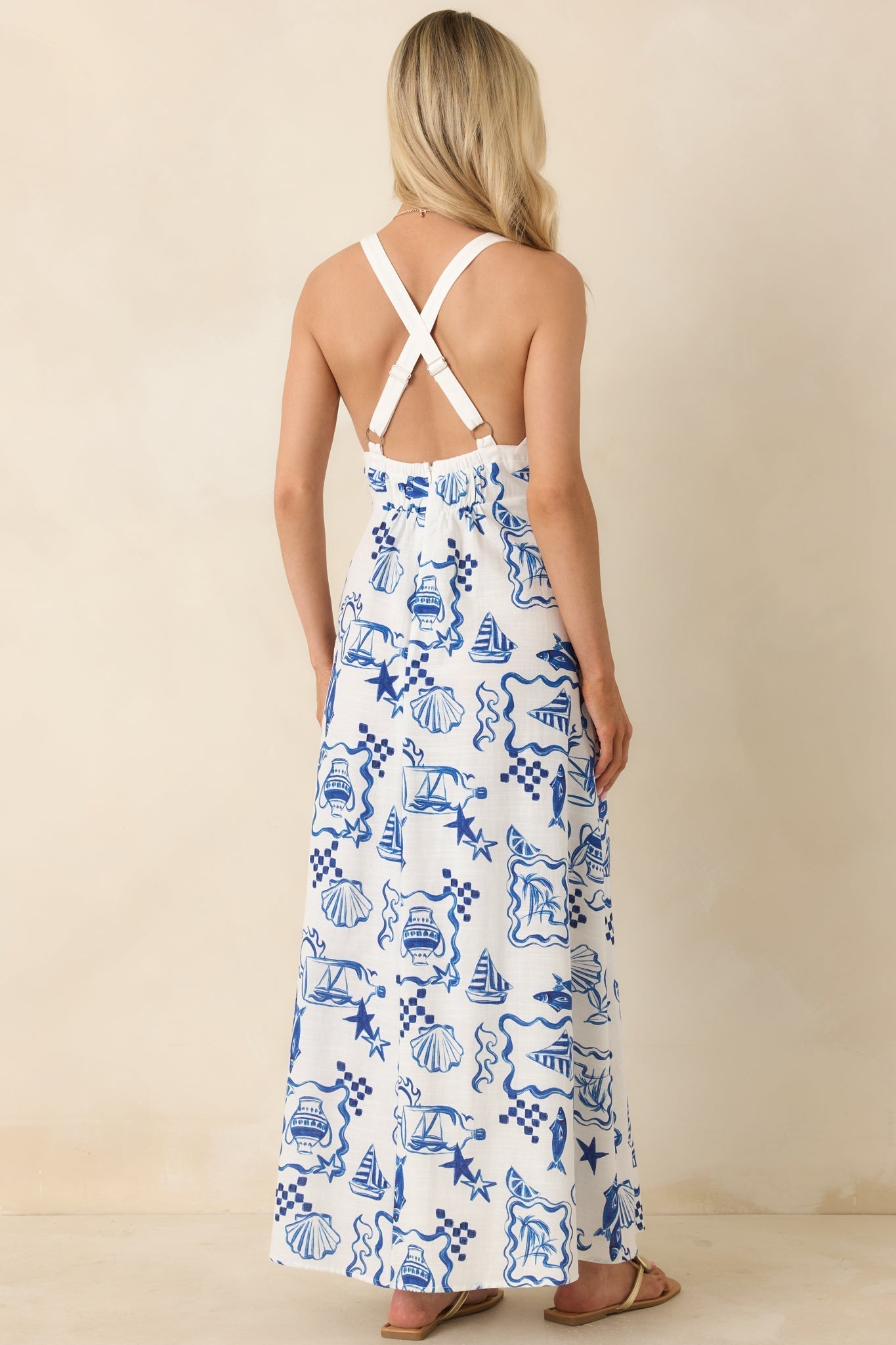Women's MINKPINK Baci Blue Nautical Print Cotton Blend Halter Midi Dress | 55% Cotton & 45% Viscose 7