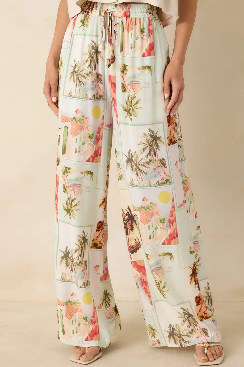 Women's MINKPINK Dolce Multi Vintage Postcard Print Drawstring Pants | 100% Viscose 0