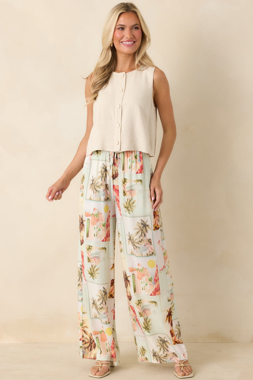 Women's MINKPINK Dolce Multi Vintage Postcard Print Drawstring Pants | 100% Viscose 1
