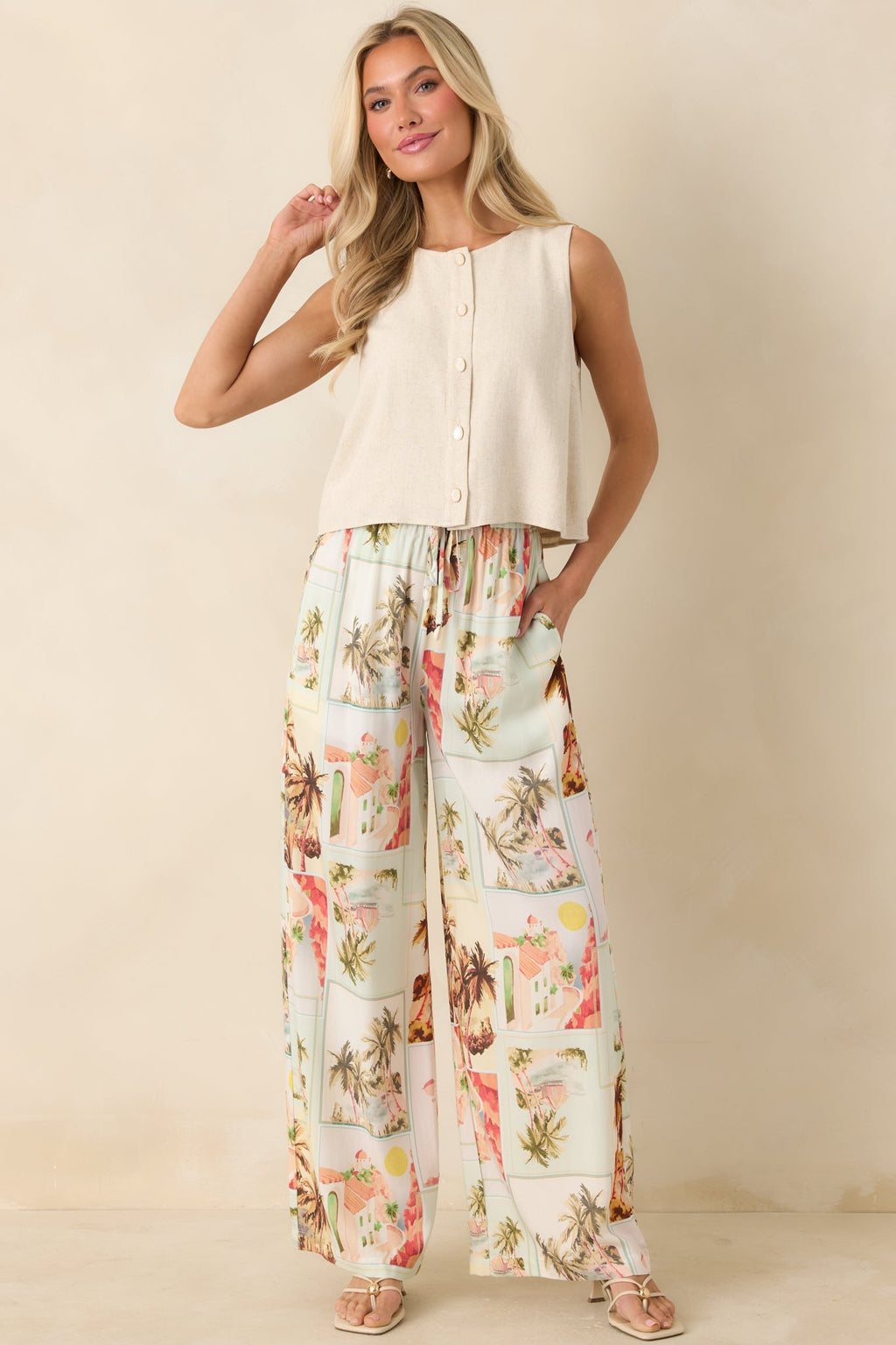 Women's MINKPINK Dolce Multi Vintage Postcard Print Drawstring Pants | 100% Viscose 2