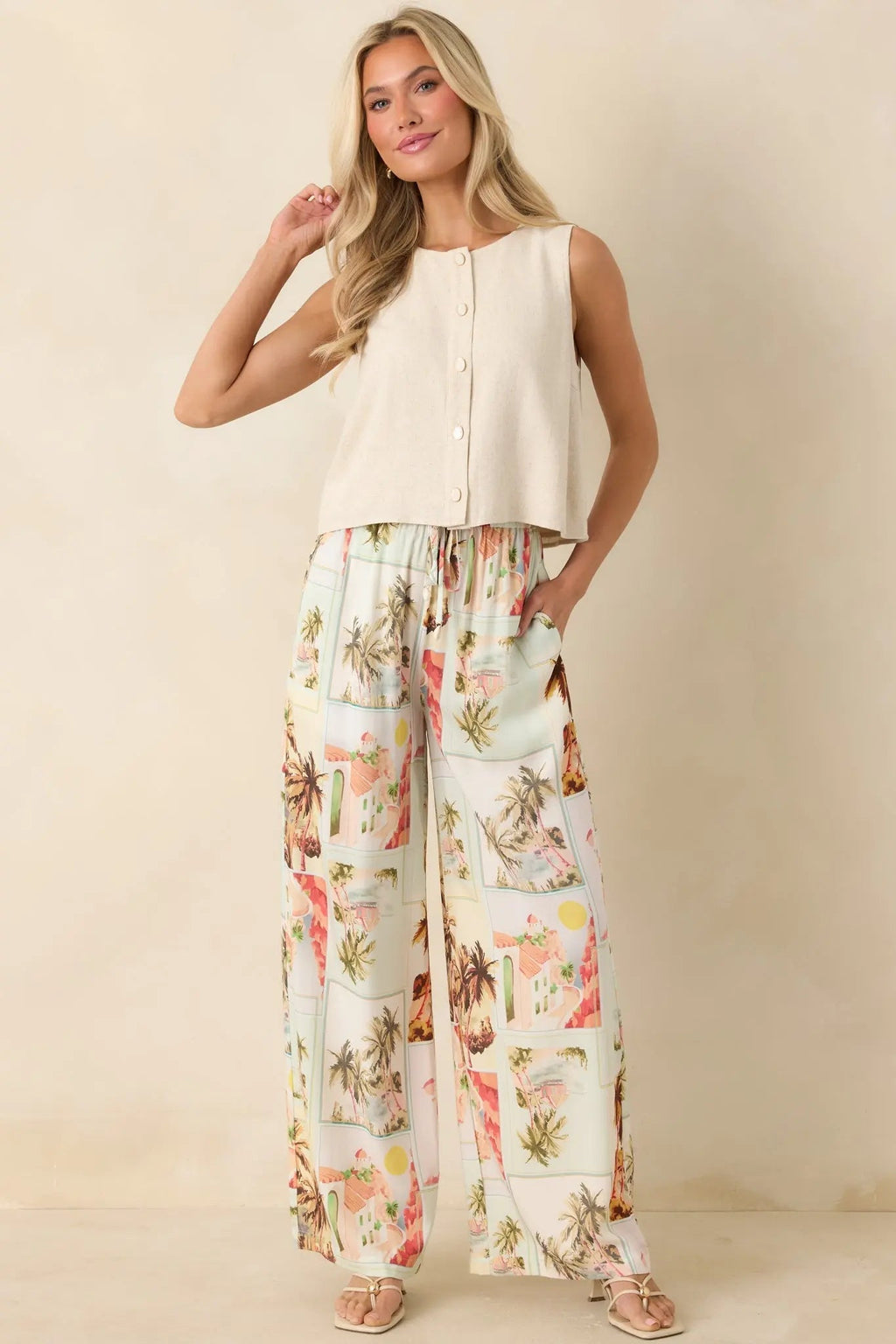 Women's MINKPINK Dolce Multi Vintage Postcard Print Drawstring Pants | 100% Viscose 2