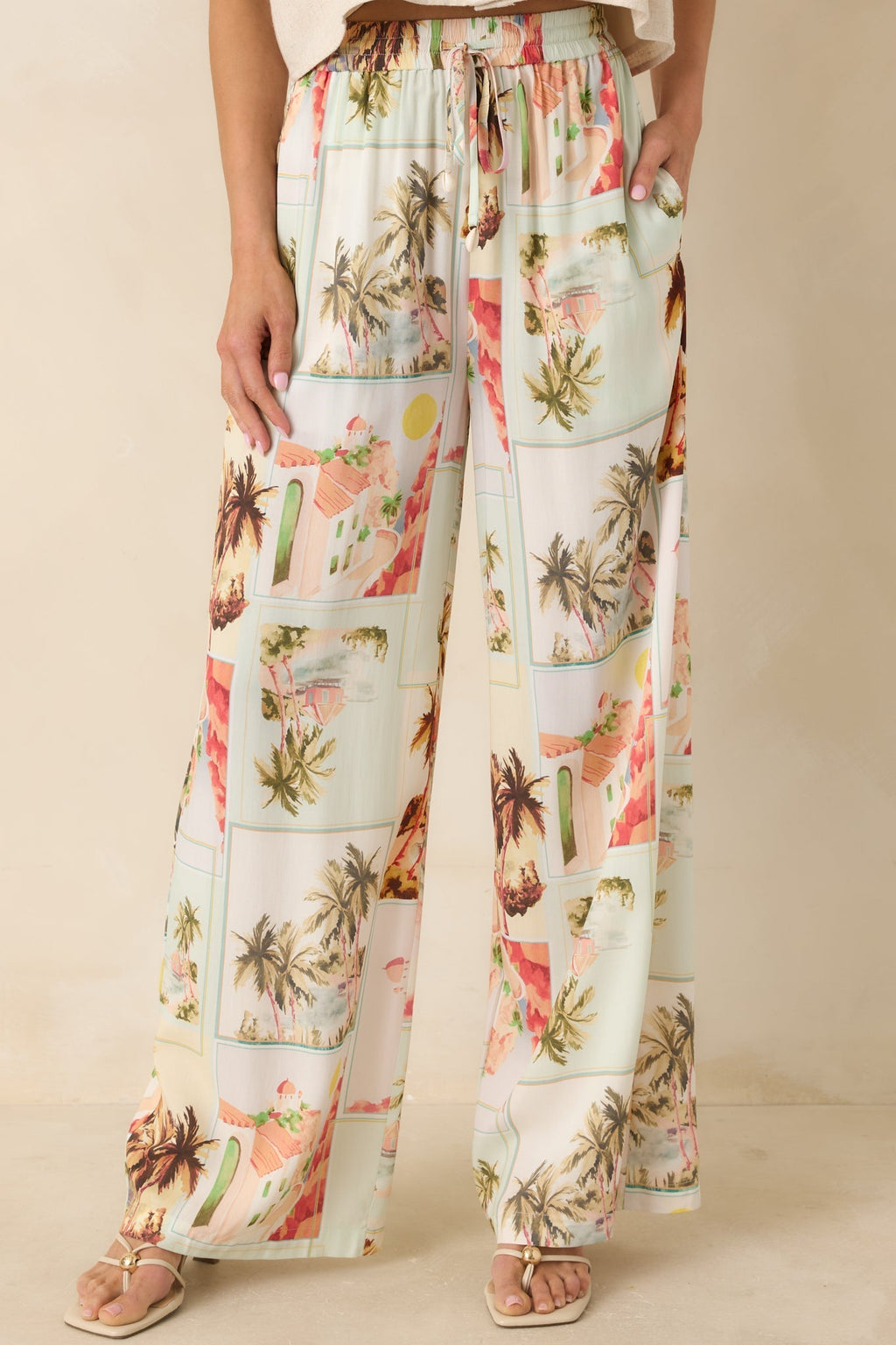 Women's MINKPINK Dolce Multi Vintage Postcard Print Drawstring Pants | 100% Viscose 3