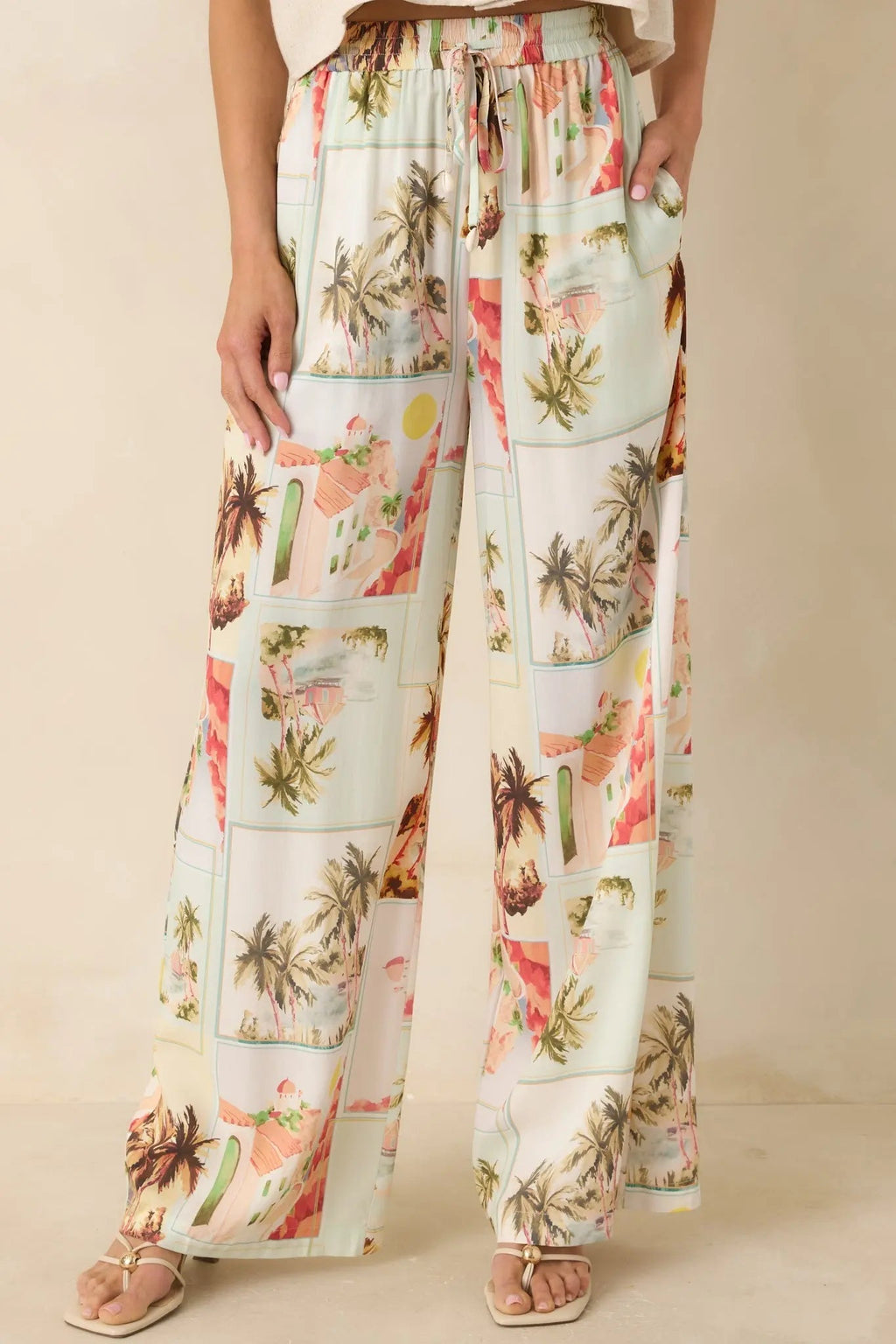 Women's MINKPINK Dolce Multi Vintage Postcard Print Drawstring Pants | 100% Viscose 3