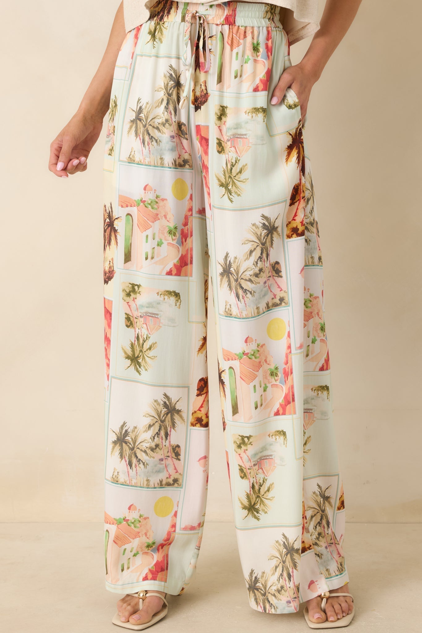 Women's MINKPINK Dolce Multi Vintage Postcard Print Drawstring Pants | 100% Viscose 4