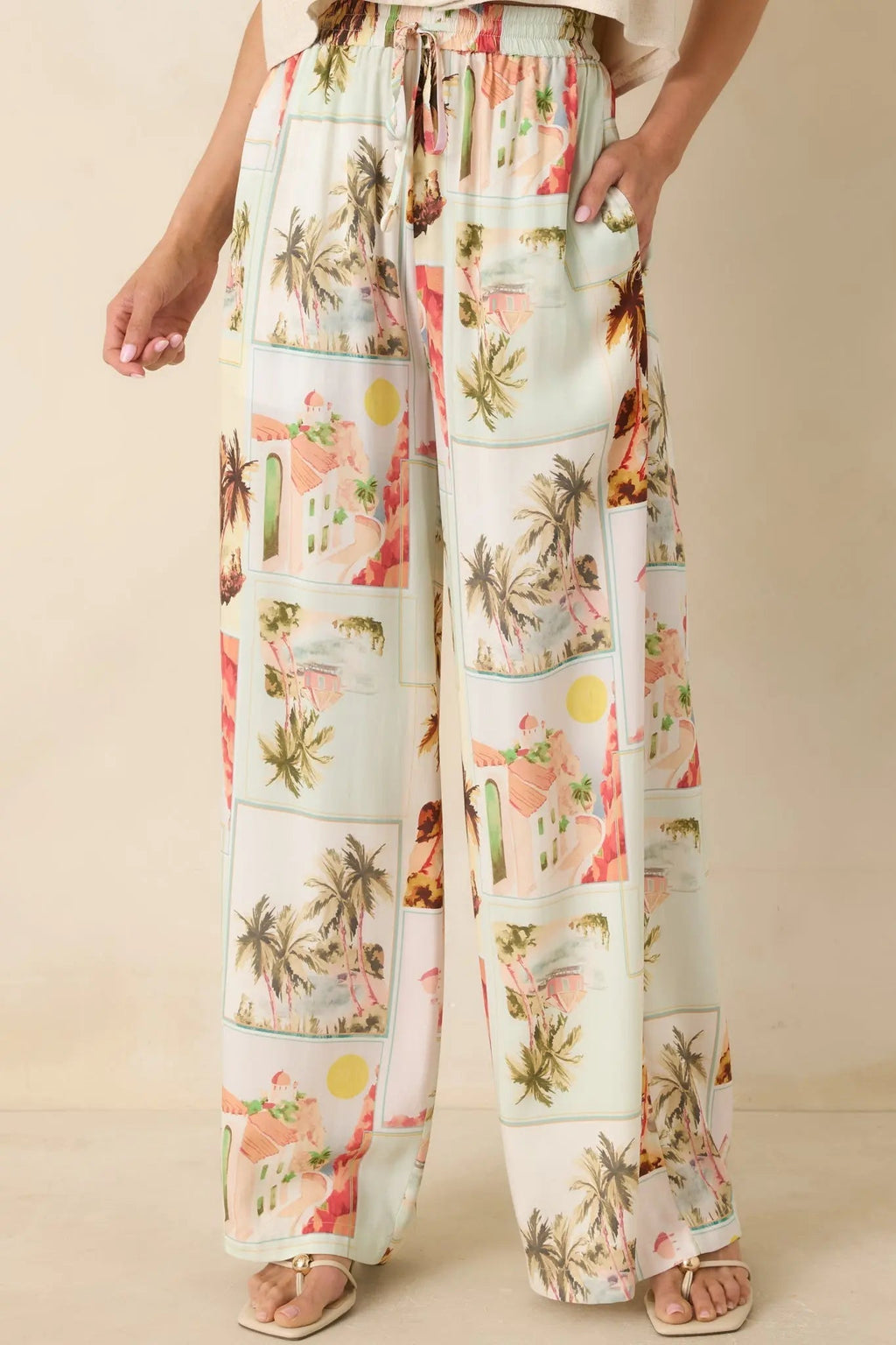 Women's MINKPINK Dolce Multi Vintage Postcard Print Drawstring Pants | 100% Viscose 4