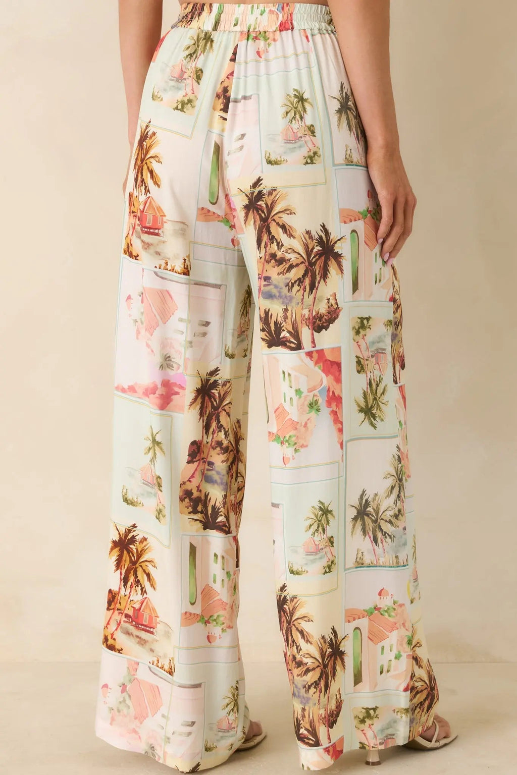 Women's MINKPINK Dolce Multi Vintage Postcard Print Drawstring Pants | 100% Viscose 5