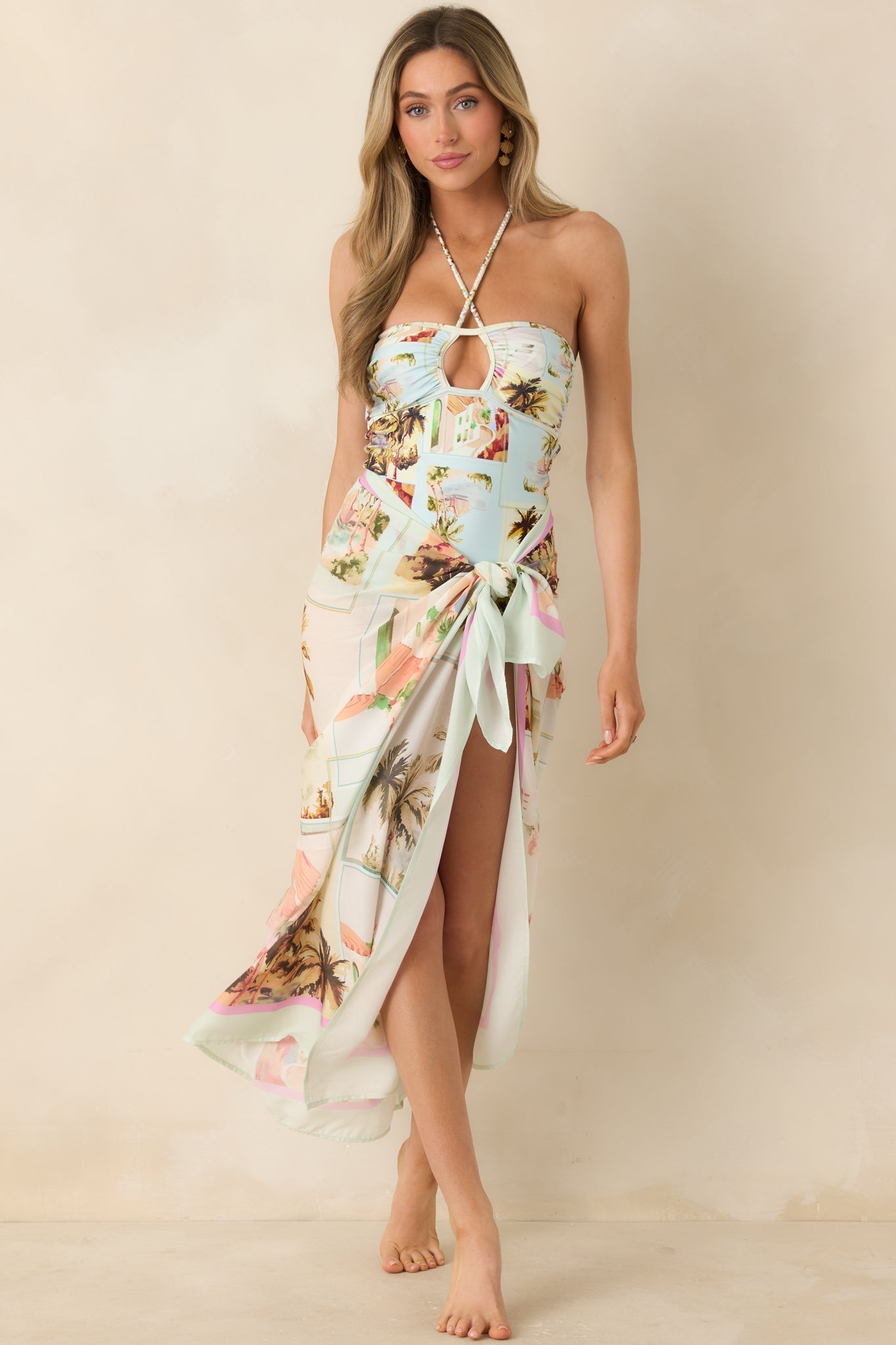 Women's MINKPINK Dolce Multi Vintage Postcard Print One Piece Swimsuit | 82% Polyamide & 18% Elastane 1