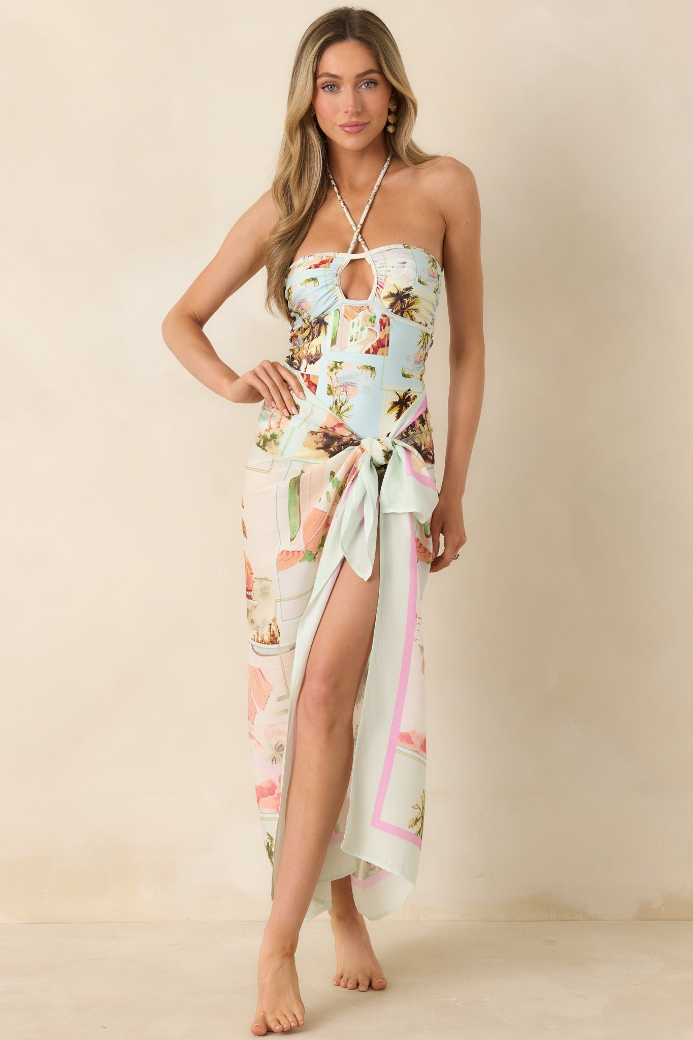 Women's MINKPINK Dolce Multi Vintage Postcard Print One Piece Swimsuit | 82% Polyamide & 18% Elastane 4