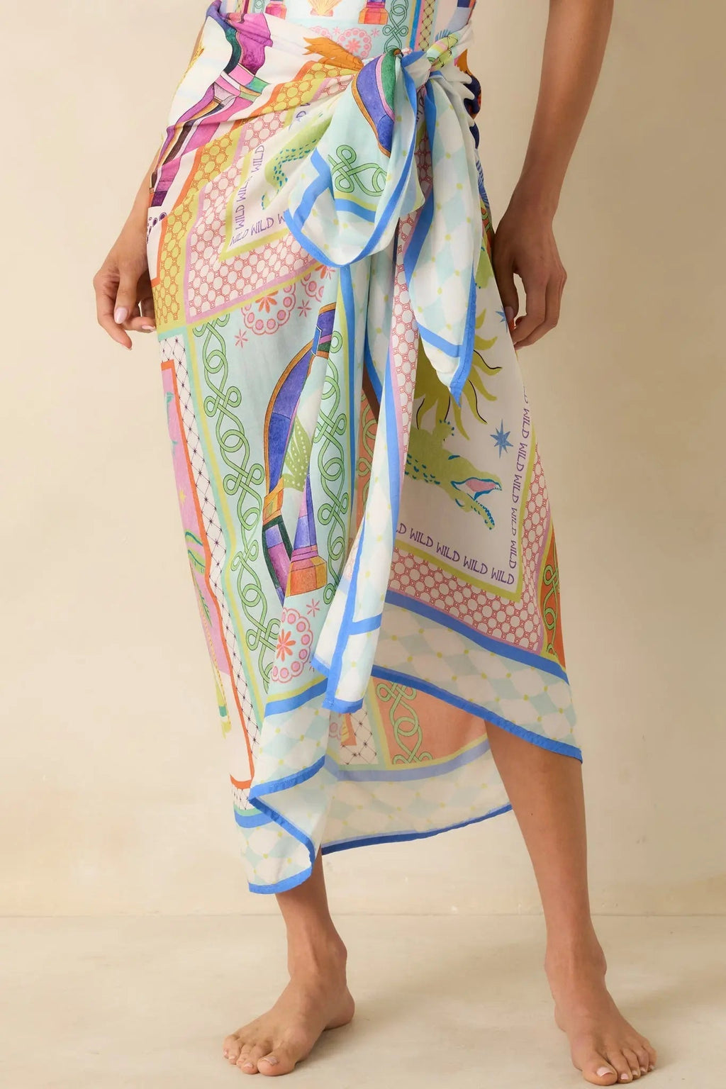 Women's MINKPINK Elysia White Multi Tropical Tile Print Sarong | Measures 58" L x 45" W 1
