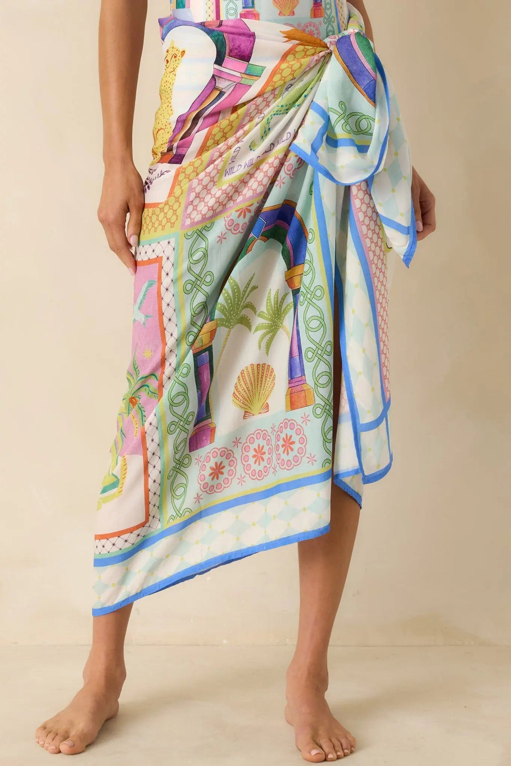 Women's MINKPINK Elysia White Multi Tropical Tile Print Sarong | Measures 58" L x 45" W 2