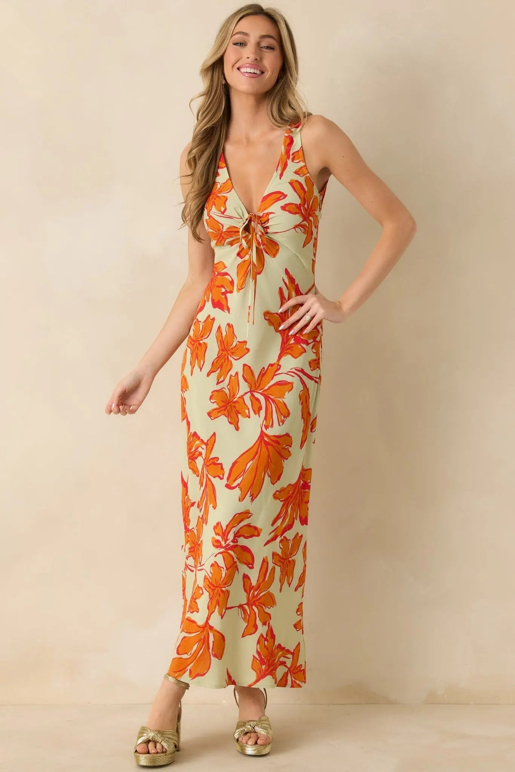 Women's MINKPINK Estelle Green & Orange Floral Print Keyhole Maxi Dress | 100% Viscose 2