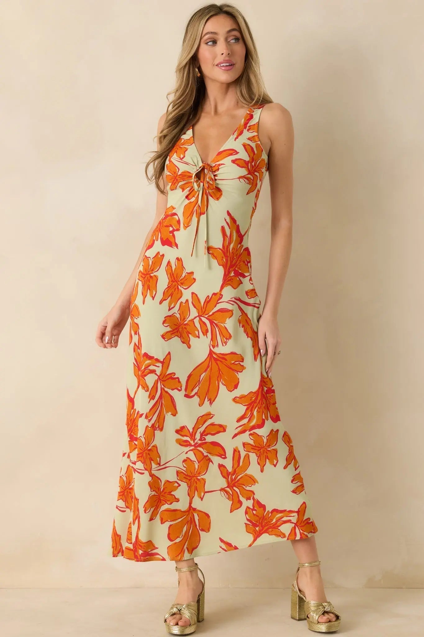Women's MINKPINK Estelle Green & Orange Floral Print Keyhole Maxi Dress | 100% Viscose 4