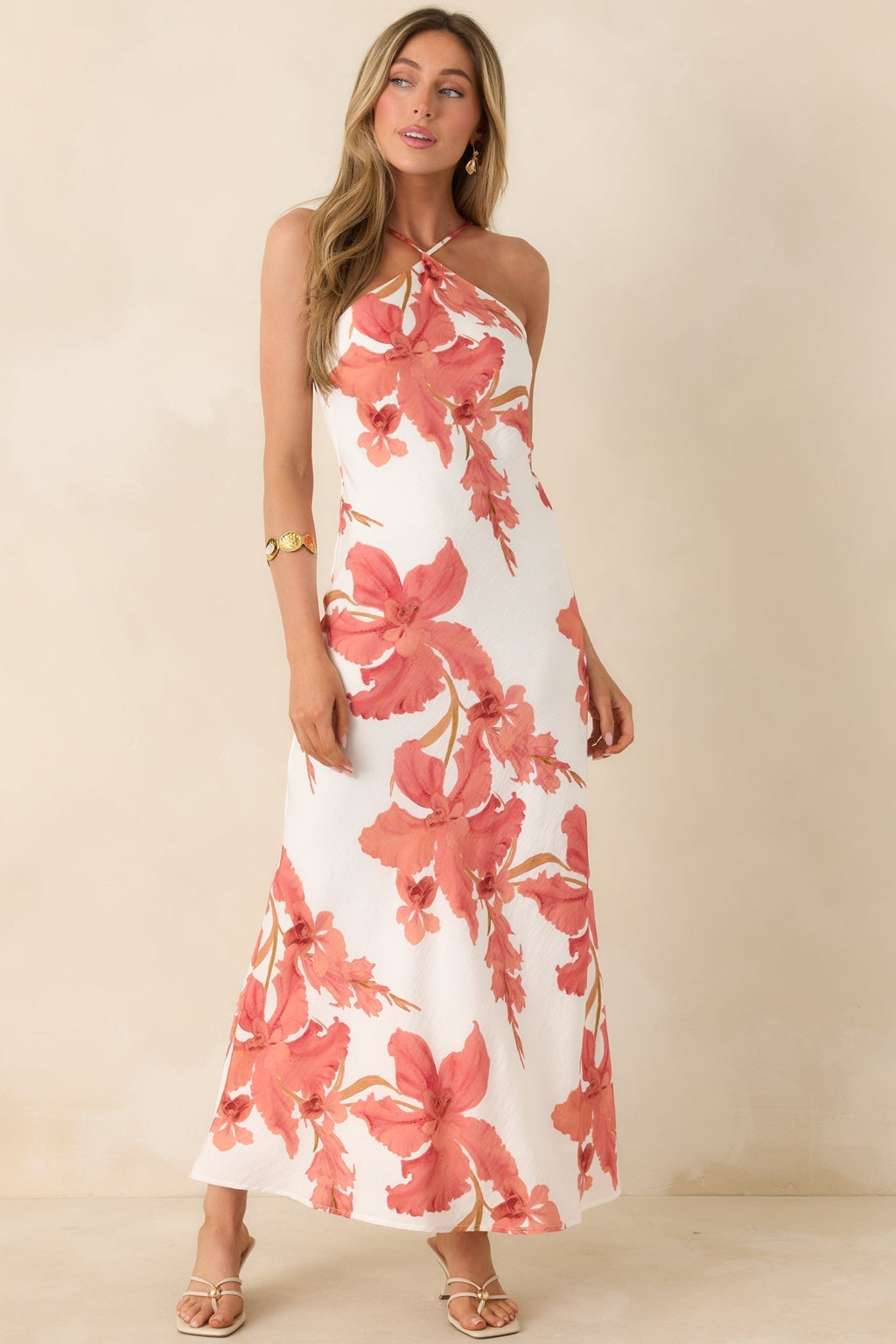 Women's MINKPINK Isla Peach Hibiscus Halter Maxi Dress | 85% Viscose & 15% Polyamide 2