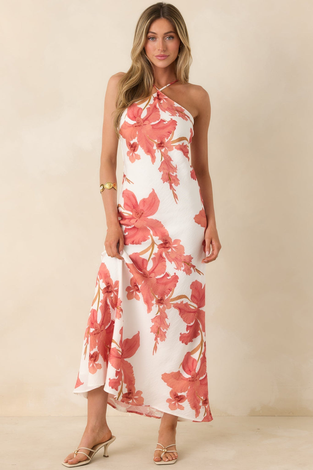 Women's MINKPINK Isla Peach Hibiscus Halter Maxi Dress | 85% Viscose & 15% Polyamide 5