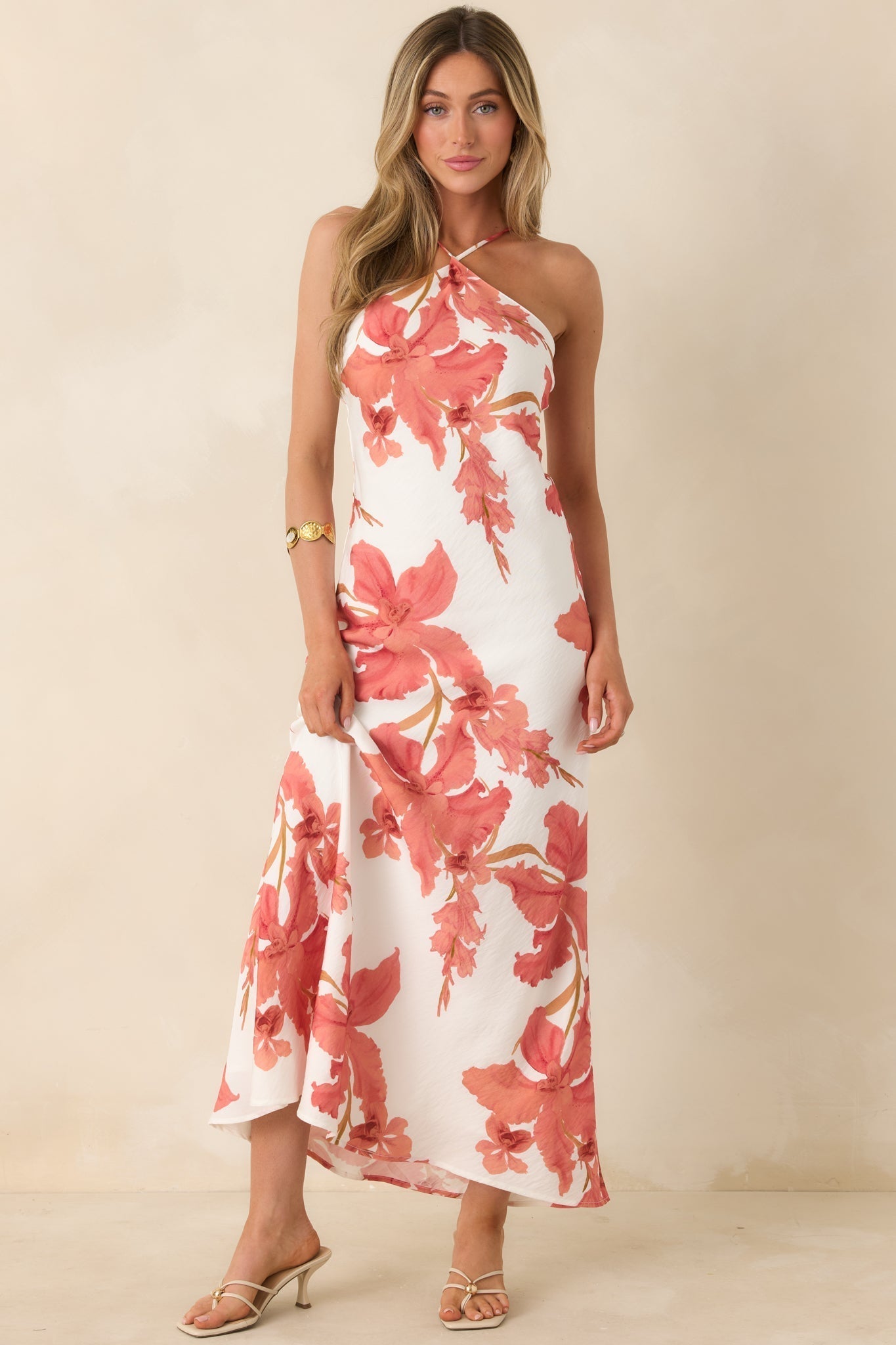 Women's MINKPINK Isla Peach Hibiscus Halter Maxi Dress | 85% Viscose & 15% Polyamide 5