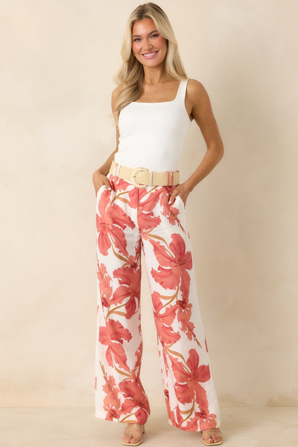 Women's MINKPINK Isla Peach Hibiscus Wide Leg Pants | 85% Viscose & 15% Polyamide 4