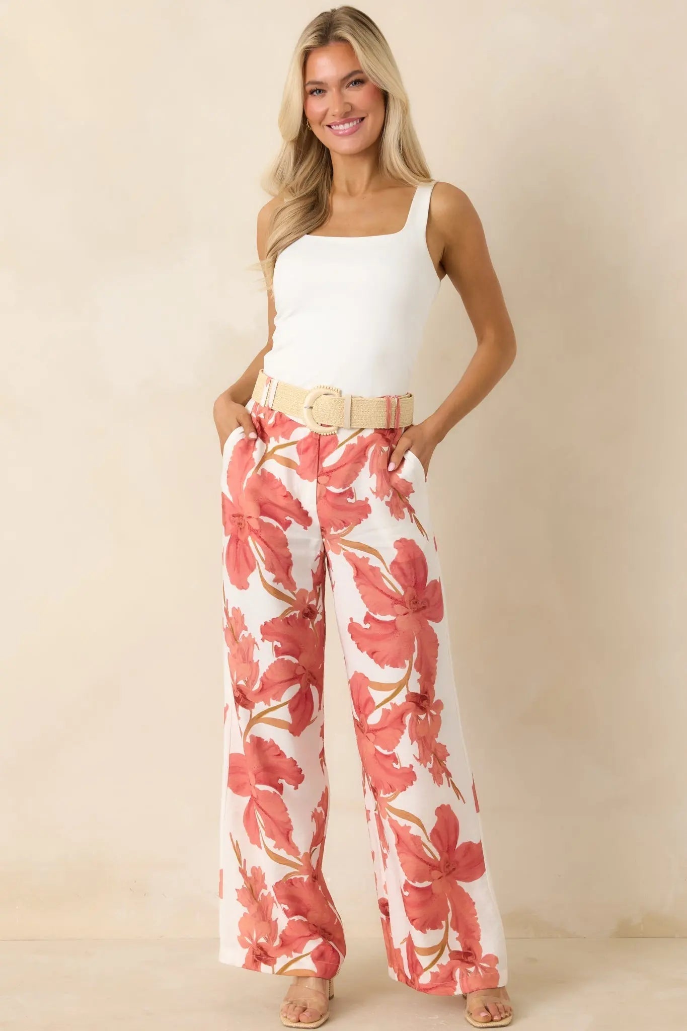 Women's MINKPINK Isla Peach Hibiscus Wide Leg Pants | 85% Viscose & 15% Polyamide 4
