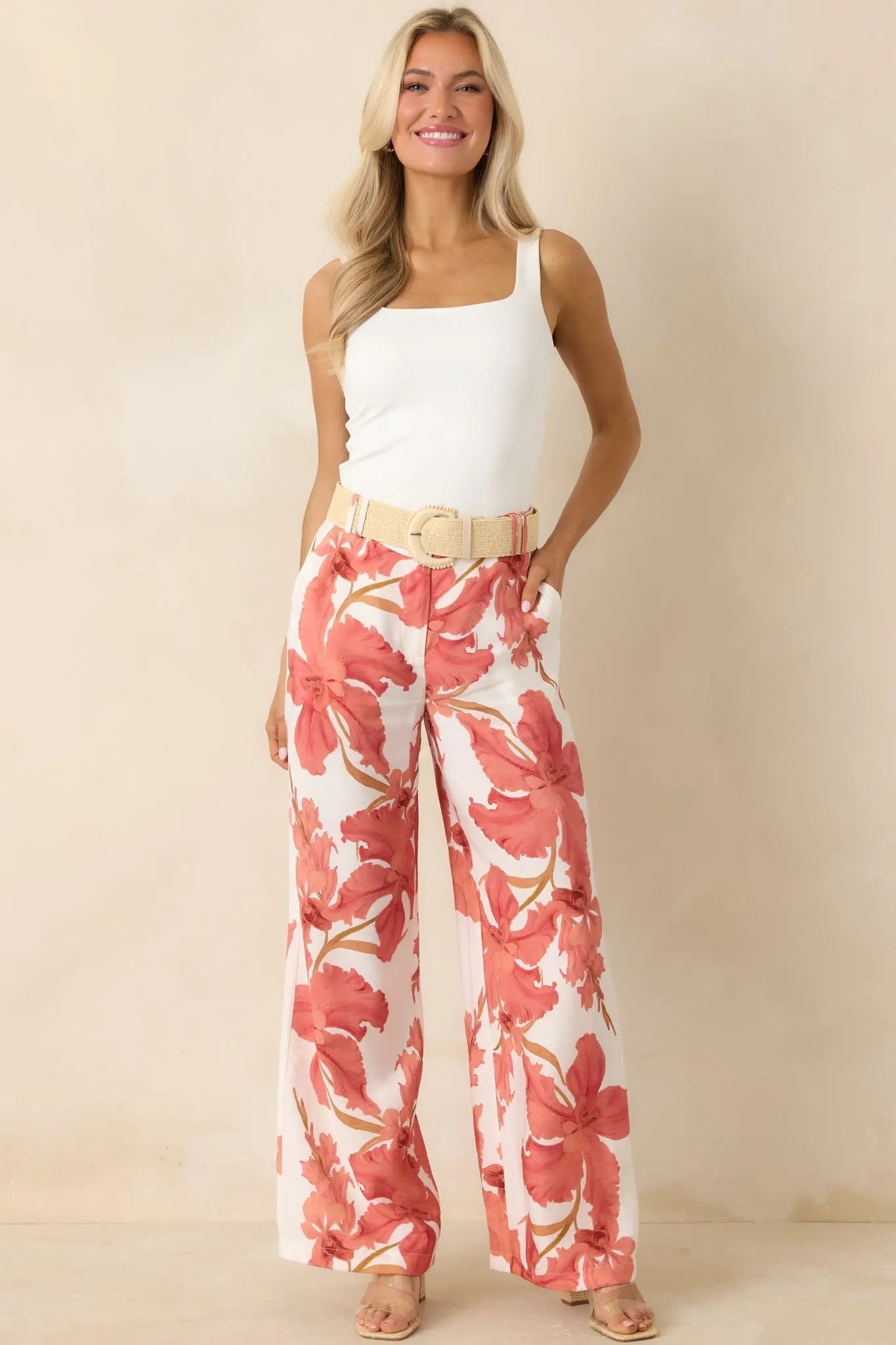 Women's MINKPINK Isla Peach Hibiscus Wide Leg Pants | 85% Viscose & 15% Polyamide 5