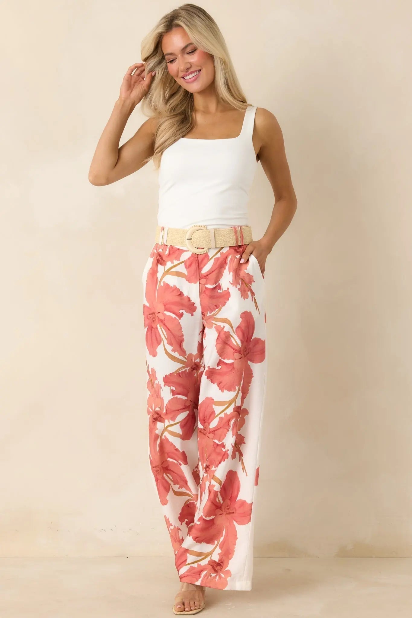 Women's MINKPINK Isla Peach Hibiscus Wide Leg Pants | 85% Viscose & 15% Polyamide 6
