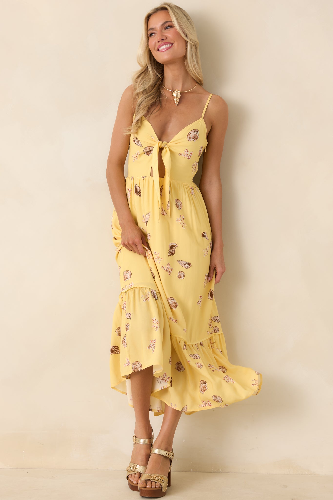 Women's MINKPINK Marisol Yellow Seashell Print Front-Tie Midi Dress | 100% Viscose 0