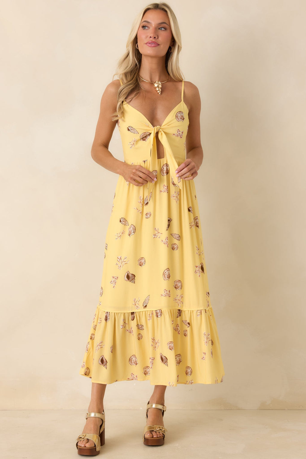 Women's MINKPINK Marisol Yellow Seashell Print Front-Tie Midi Dress | 100% Viscose 4