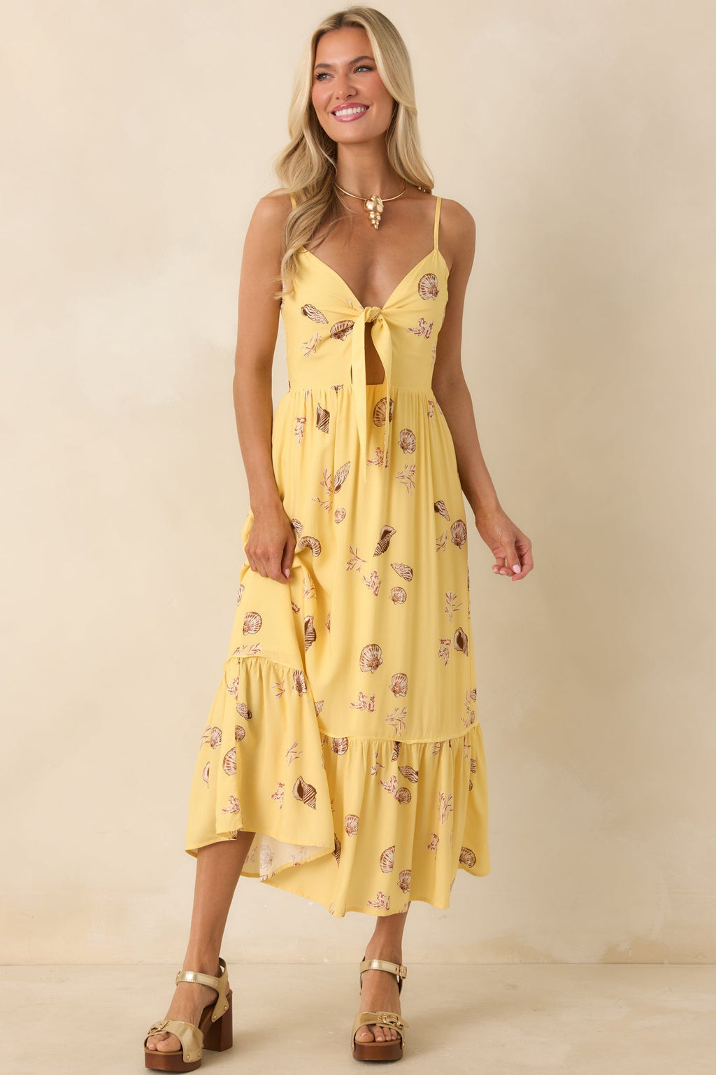 Women's MINKPINK Marisol Yellow Seashell Print Front-Tie Midi Dress | 100% Viscose 5