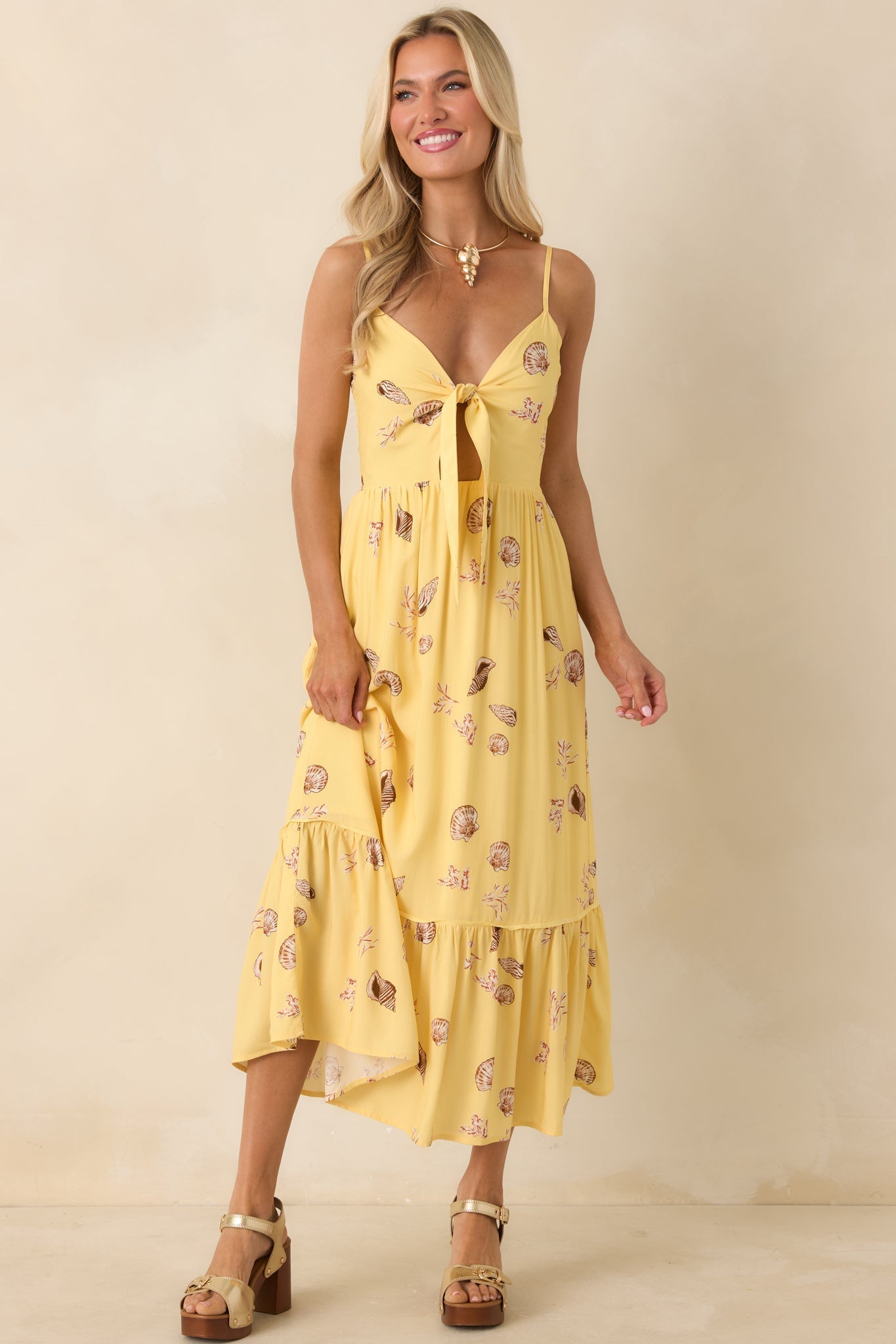 Women's MINKPINK Marisol Yellow Seashell Print Front-Tie Midi Dress | 100% Viscose 5