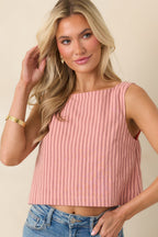 Women's MINKPINK Paloma Coral Pink Stripe Cotton Linen Low-Back Top | 80% Cotton & 20% Linen 4