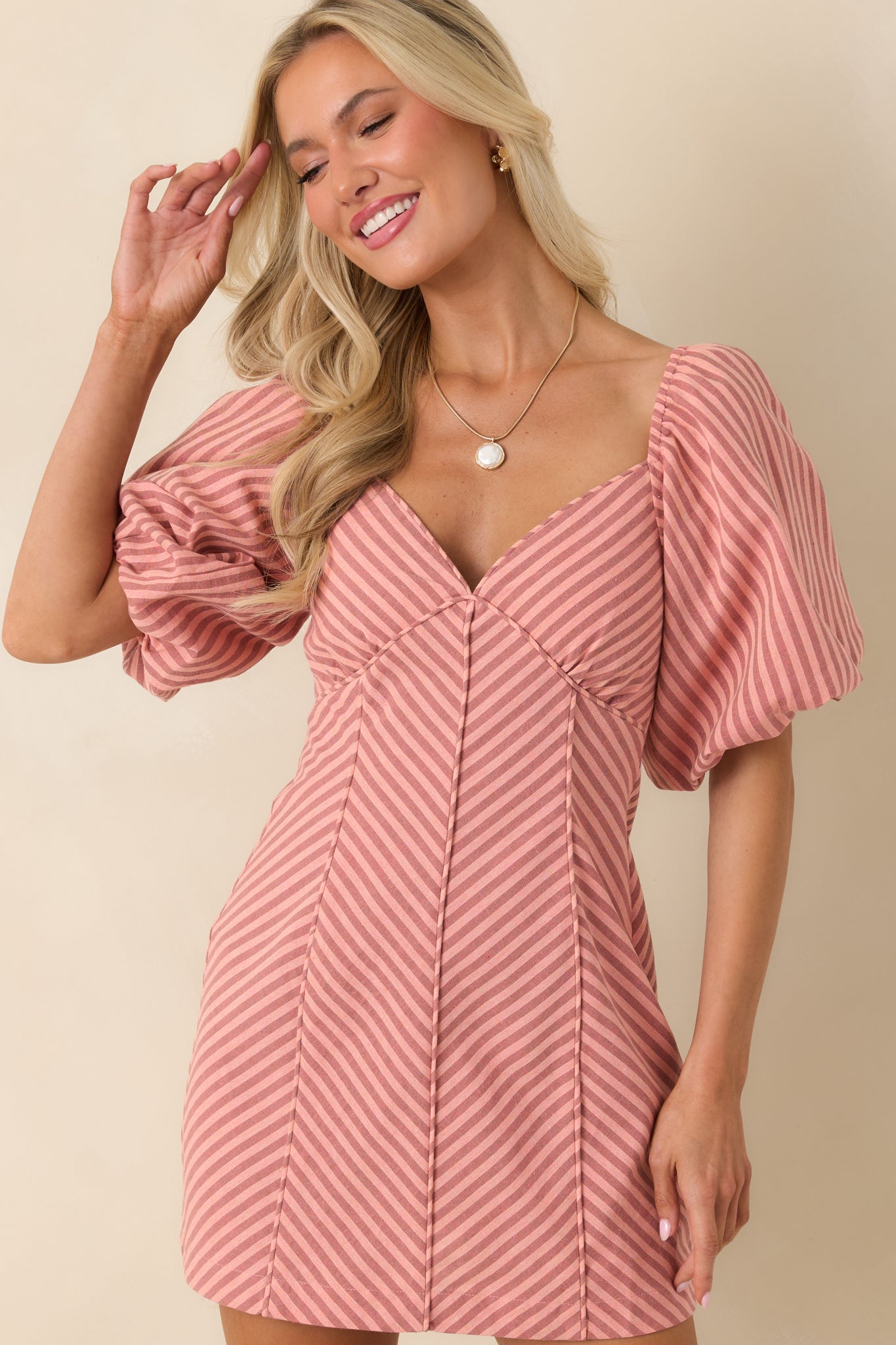 Women's MINKPINK Paloma Coral Pink Stripe Cotton Linen Mini Dress | 80% Cotton & 20% Linen 1