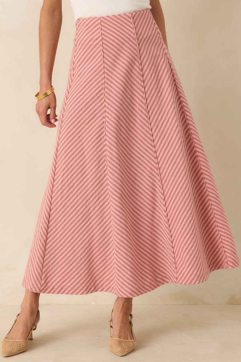Women's MINKPINK Paloma Coral Pink Stripe Midi Skirt | 80% Cotton & 20% Linen 0