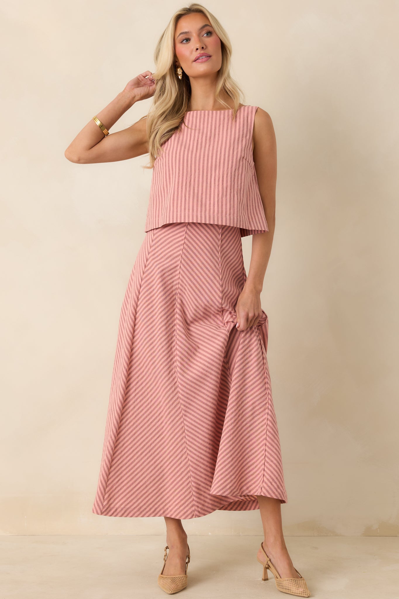 Women's MINKPINK Paloma Coral Pink Stripe Midi Skirt | 80% Cotton & 20% Linen 1