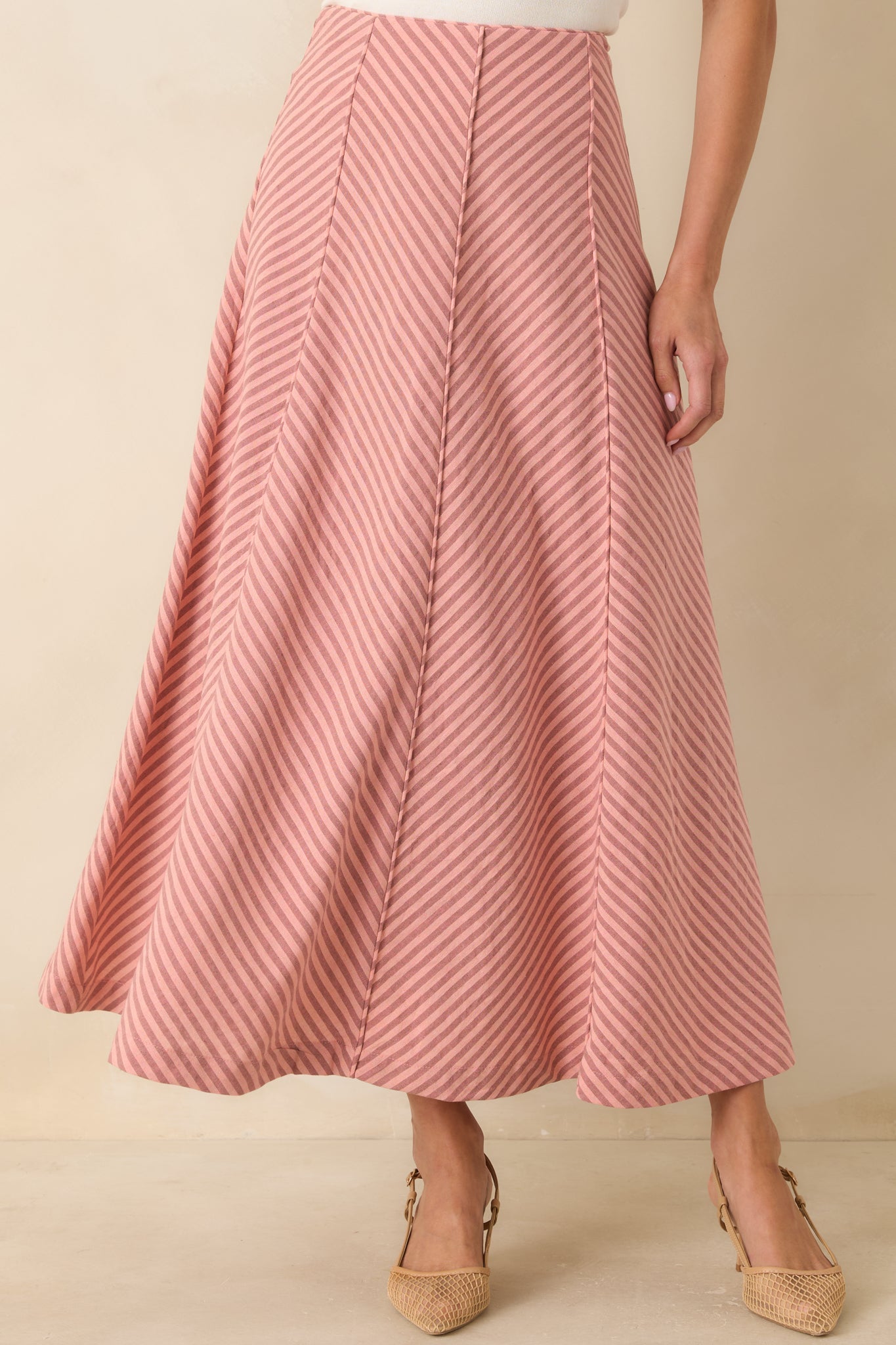 Women's MINKPINK Paloma Coral Pink Stripe Midi Skirt | 80% Cotton & 20% Linen 2