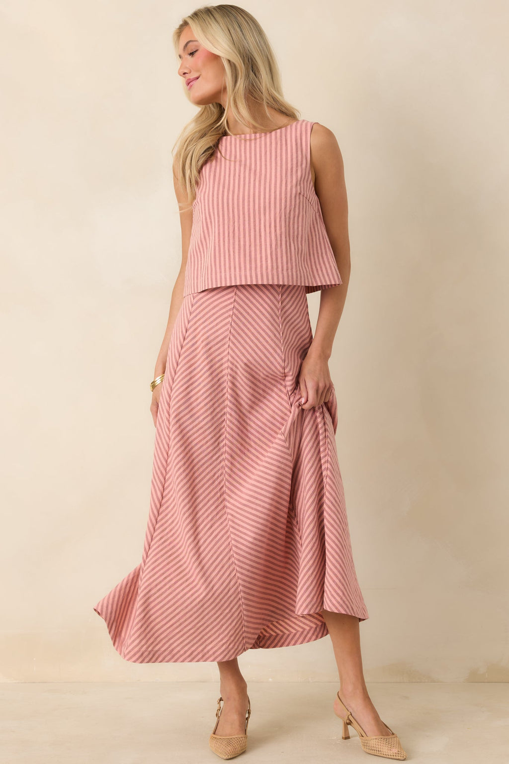 Women's MINKPINK Paloma Coral Pink Stripe Midi Skirt | 80% Cotton & 20% Linen 3