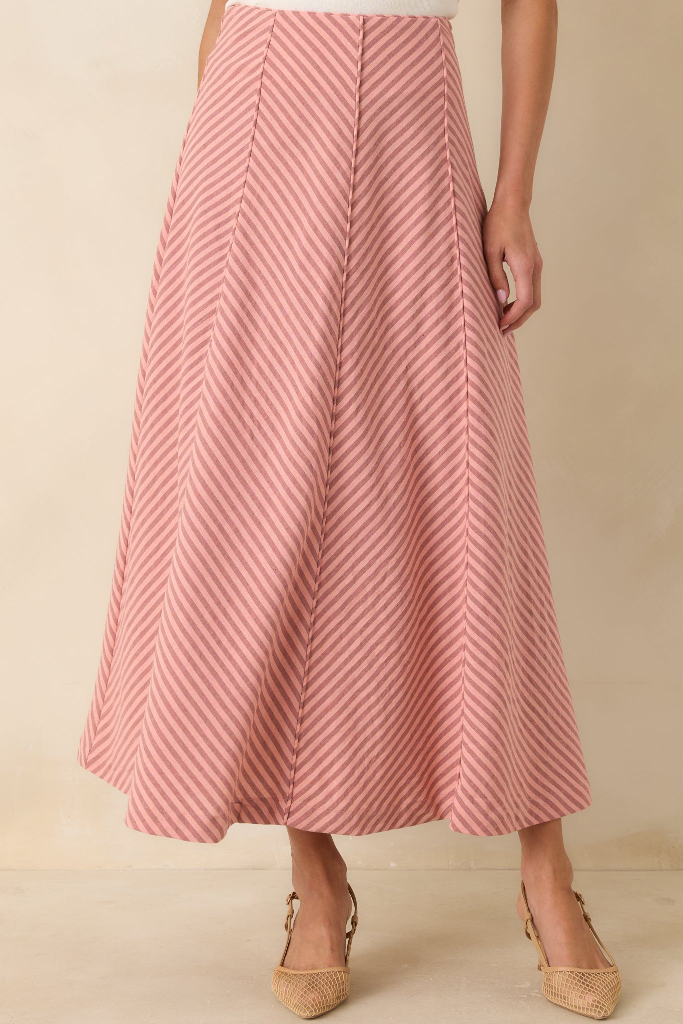 Women's MINKPINK Paloma Coral Pink Stripe Midi Skirt | 80% Cotton & 20% Linen 6