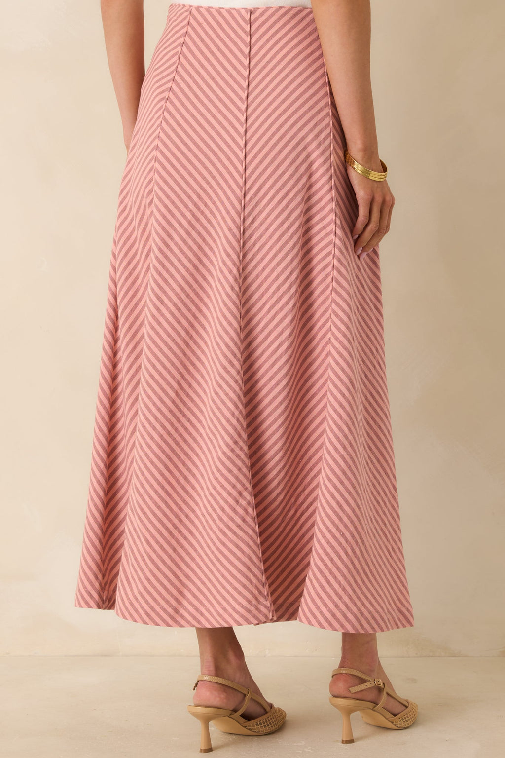 Women's MINKPINK Paloma Coral Pink Stripe Midi Skirt | 80% Cotton & 20% Linen 7