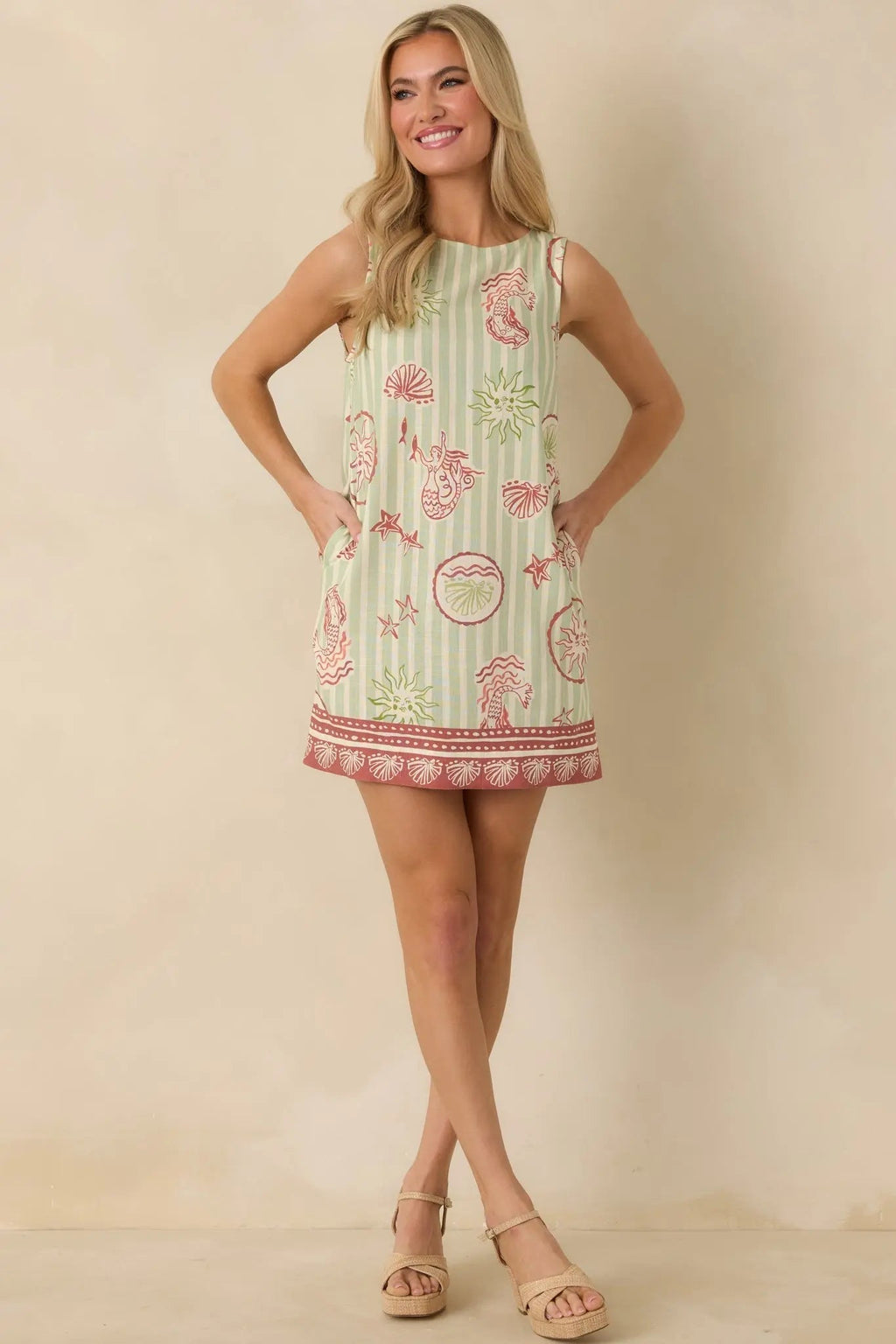 Women's MINKPINK Soleil Green Stripe Linen Blend Shift Mini Dress | 85% Viscose & 15% Linen 2