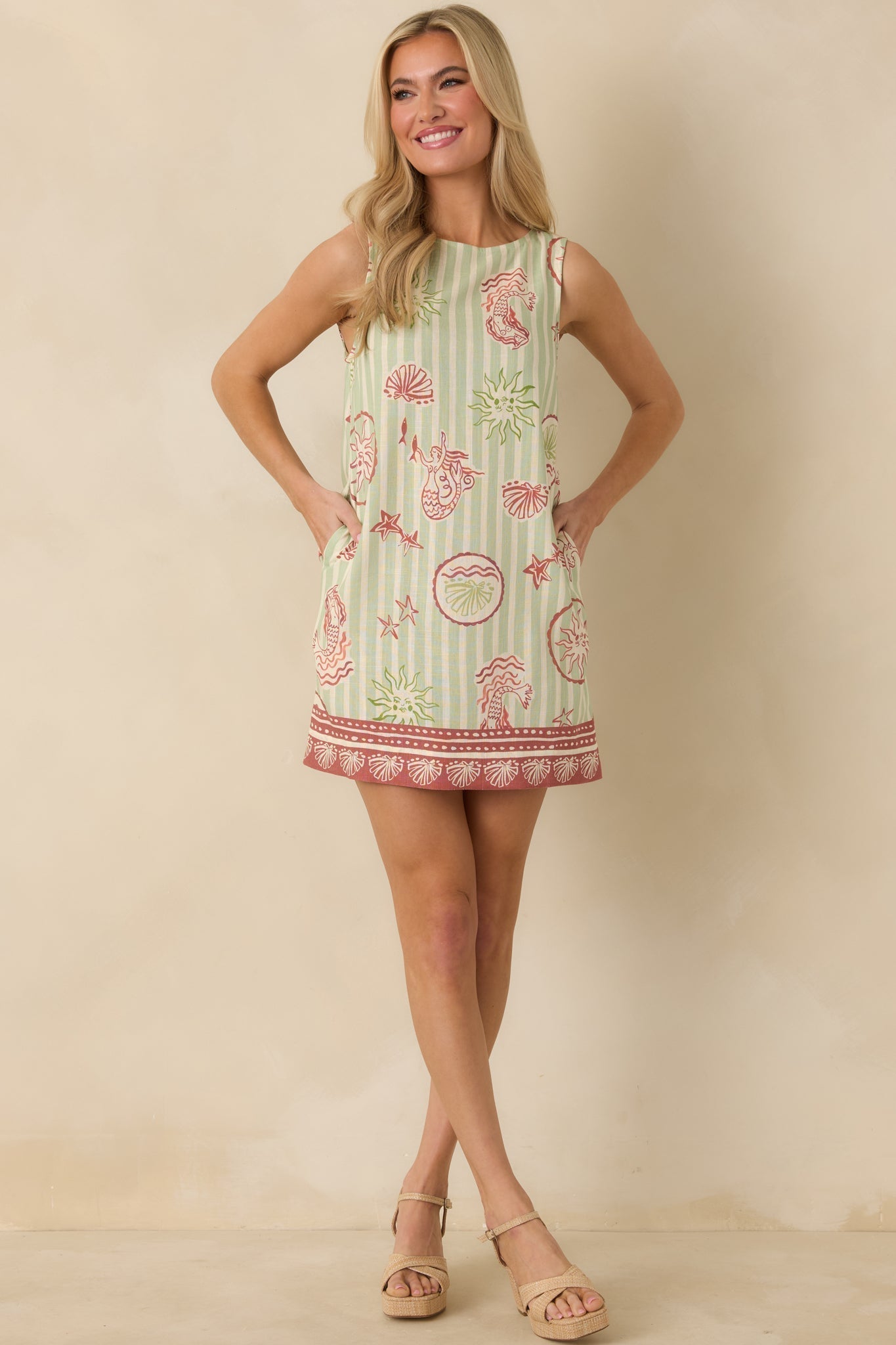 Women's MINKPINK Soleil Green Stripe Linen Blend Shift Mini Dress | 85% Viscose & 15% Linen 2