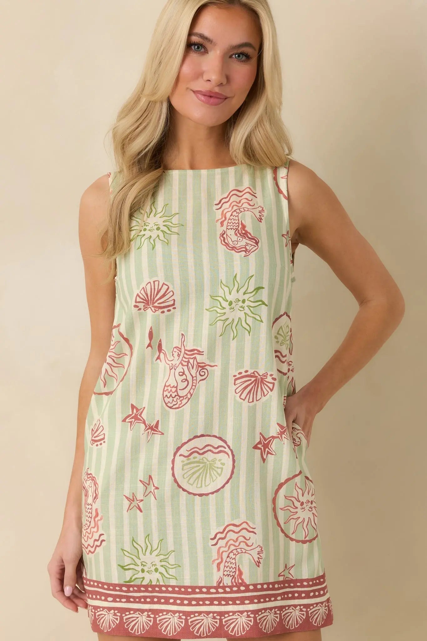 Women's MINKPINK Soleil Green Stripe Linen Blend Shift Mini Dress | 85% Viscose & 15% Linen 3